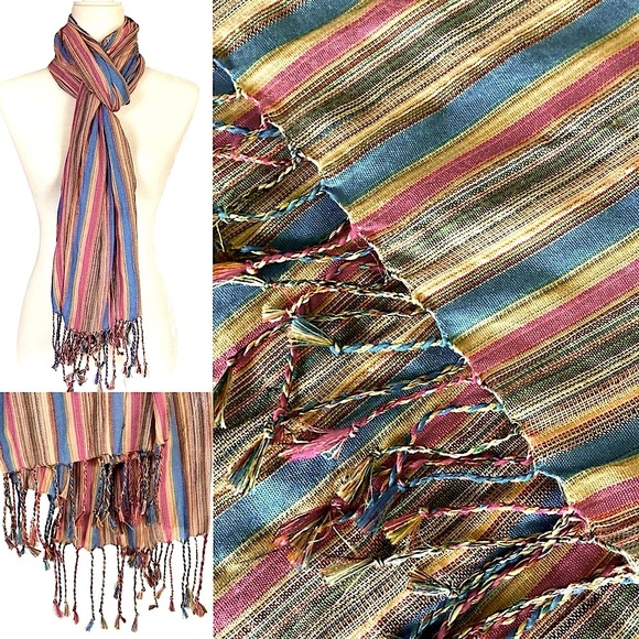 Striped Multicolor Scarf Wrap Towel Beach Blanket Versatile Piece With Fringe - Picture 1 of 16